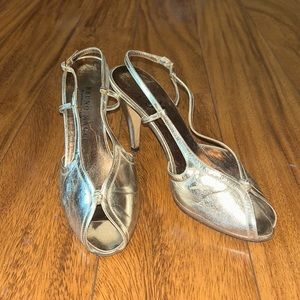 Bruno Magli gold leather peep toe heels